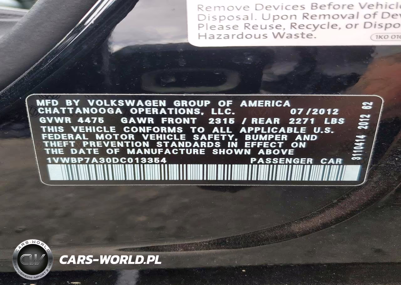 2013 Volkswagen Passat Se VIN:1VWBP7A30DC013354 - 13