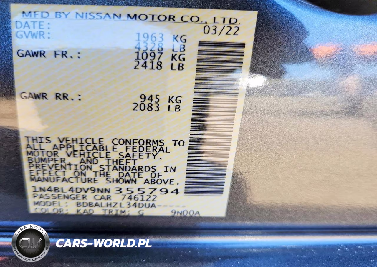 2022 Nissan Altima Sv VIN:1N4BL4DV9NN355794 - 12