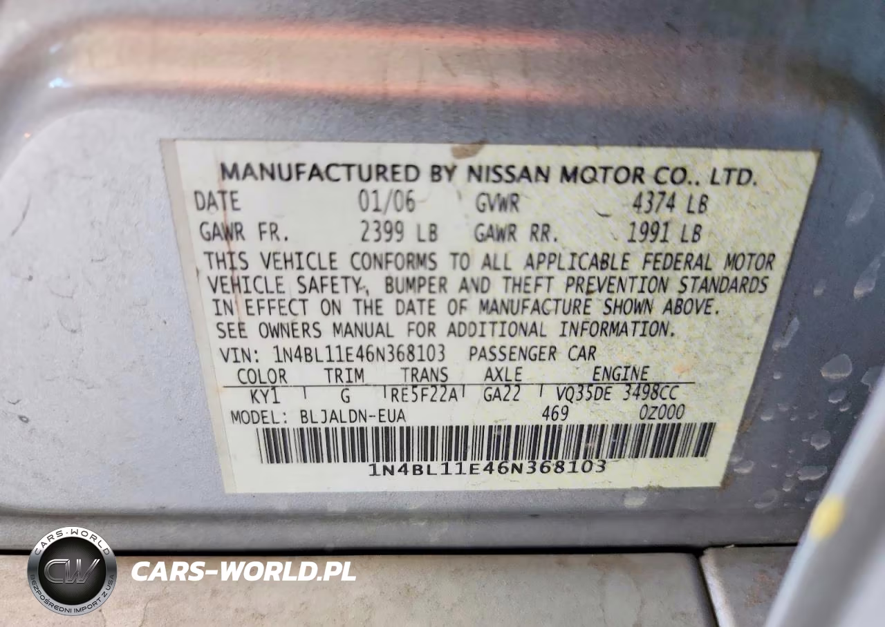 2006 Nissan Altima 3.5 Se VIN:1N4BL11E46N368103 - 12