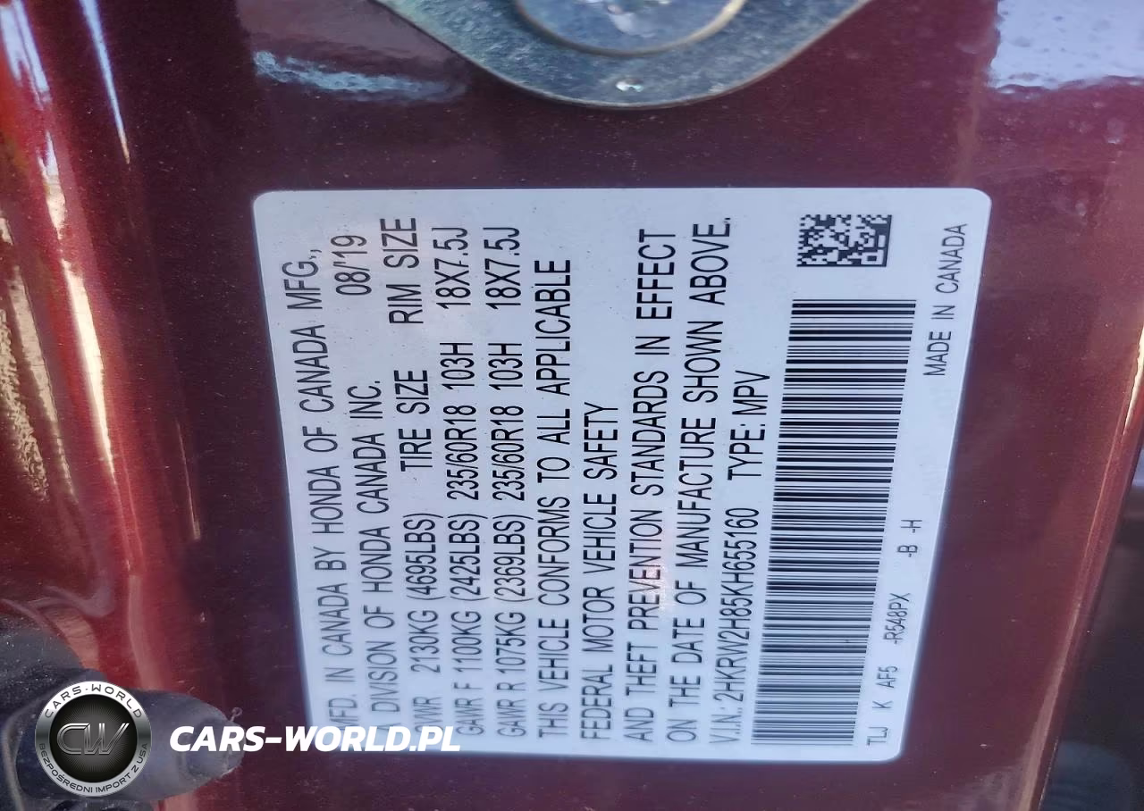 2019 Honda Cr-V Exl VIN:2HKRW2H85KH655160 - 13