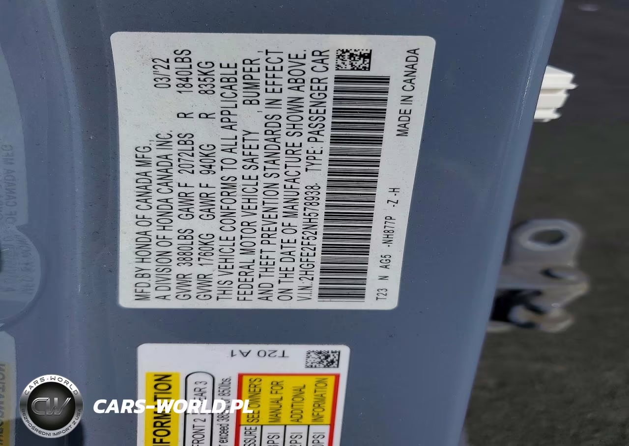 2022 Honda Civic Sport VIN:2HGFE2F52NH578938 - 12