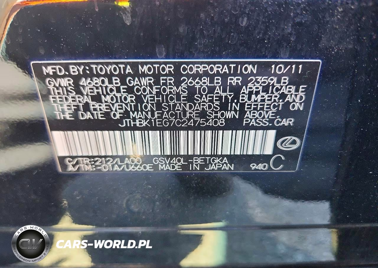 2012 Lexus Es 350 VIN:JTHBK1EG7C2475408 - 12