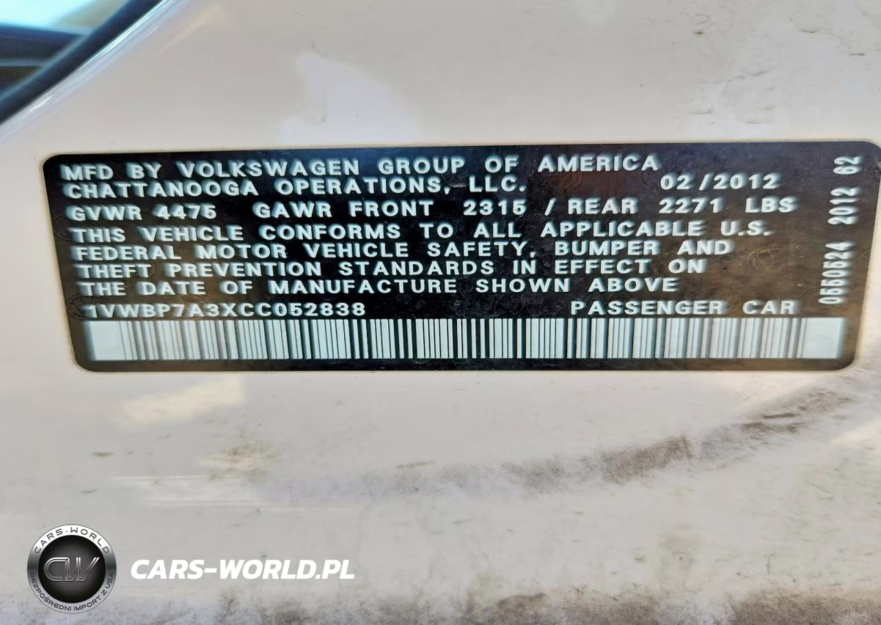 2012 Volkswagen Passat Se VIN:1VWBP7A3XCC052838 - 12