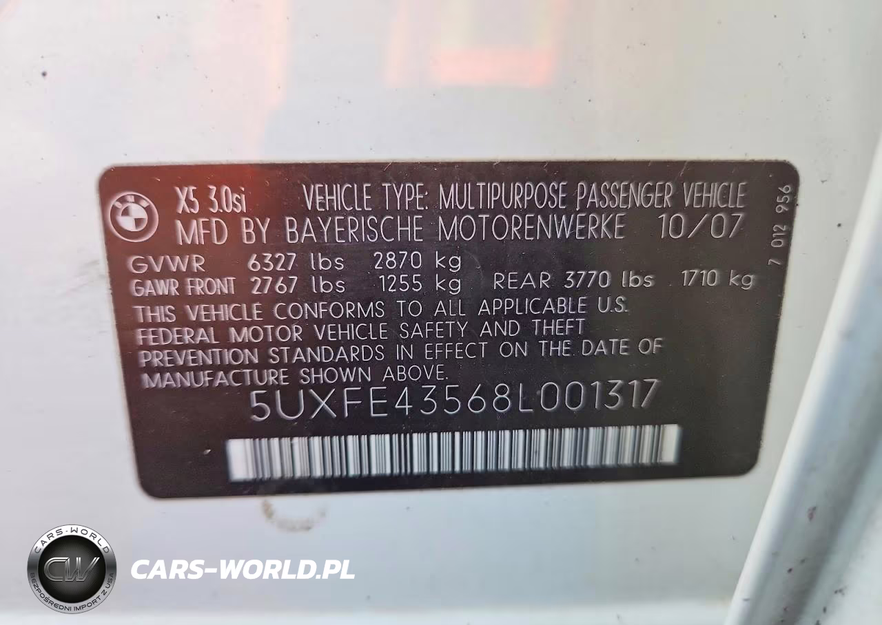 2008 BMW X5 3.0I VIN:5UXFE43568L001317 - 13