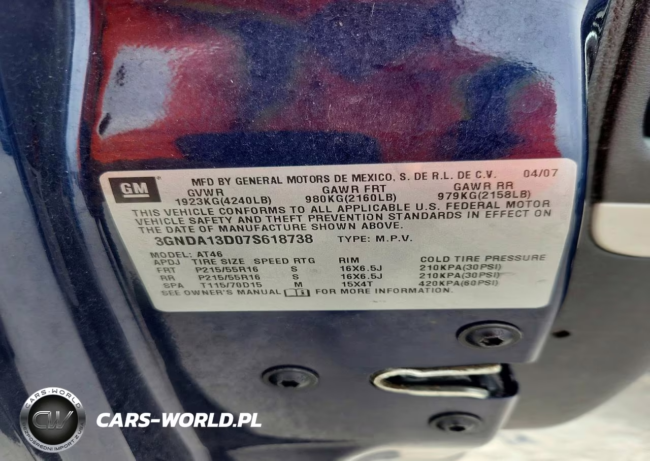 2007 Chev Hhr VIN:3GNDA13D07S618738 - 12