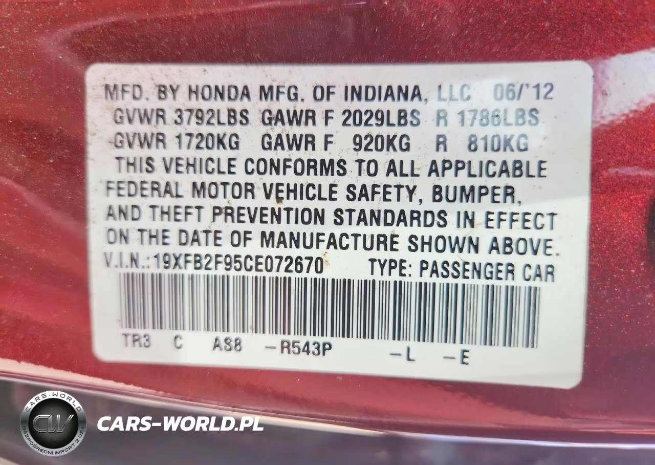 2012 Honda Civic Exl VIN:19XFB2F95CE072670 - 12