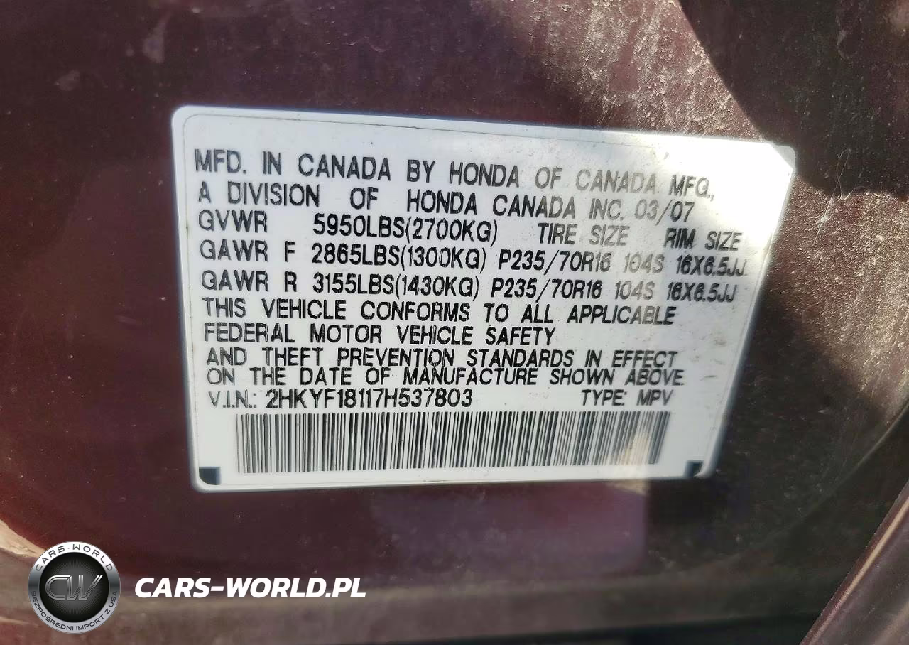 2007 Honda Pilot Lx VIN:2HKYF18117H537803 - 13