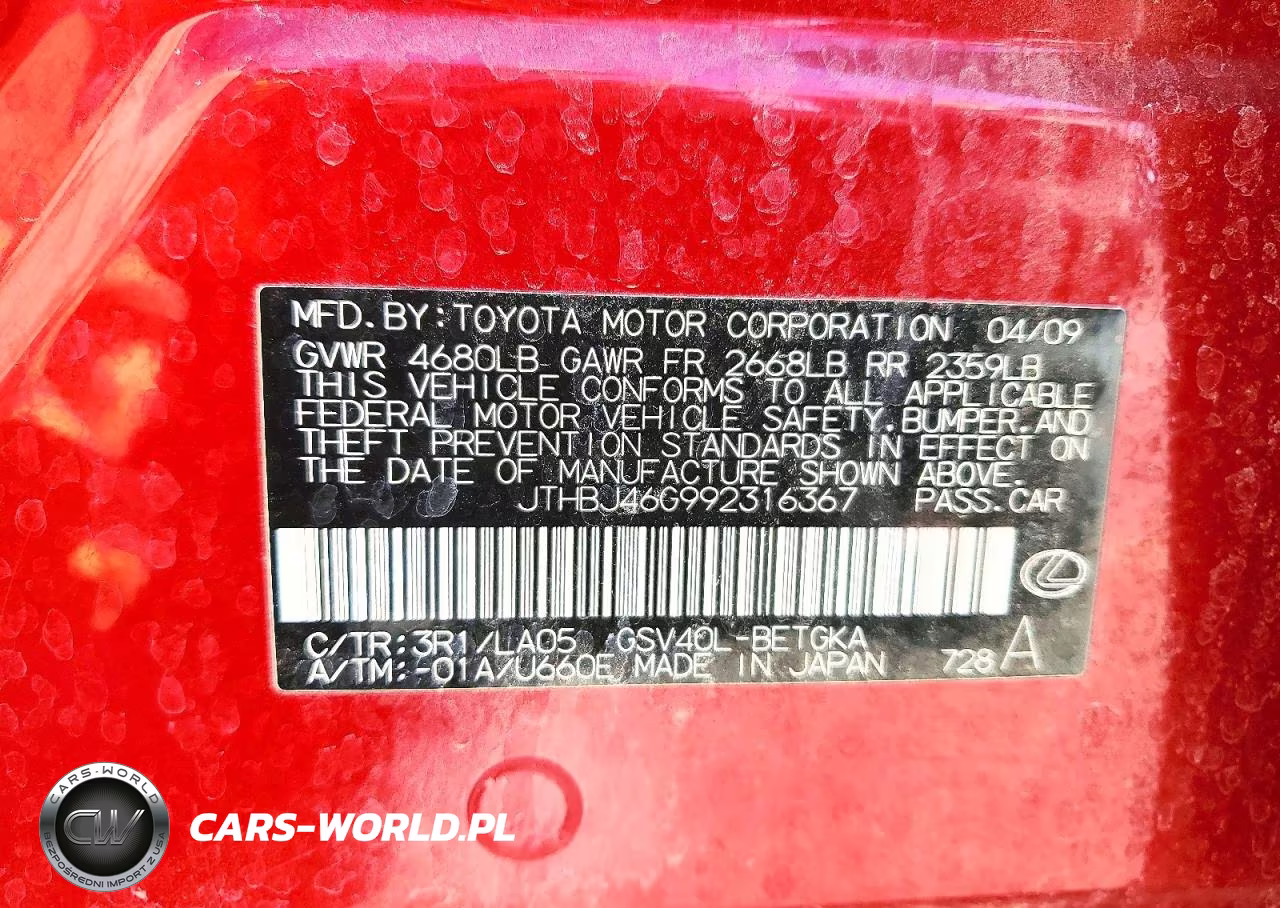 2009 Lexus Es 350 VIN:JTHBJ46G992316367 - 13
