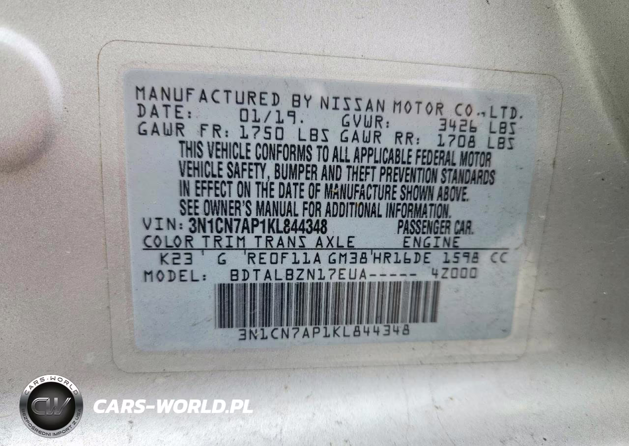 2019 Nissan Versa Sv VIN:3N1CN7AP1KL844348 - 13