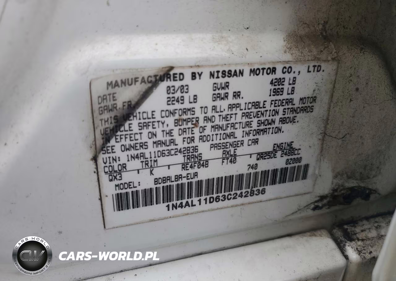 2003 Nissan Altima Base VIN:1N4AL11D63C242836 - 12