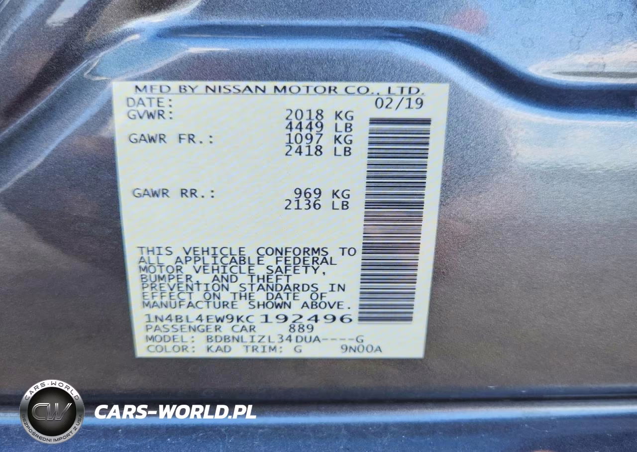 2019 Nissan Altima Sl VIN:1N4BL4EW9KC192496 - 12