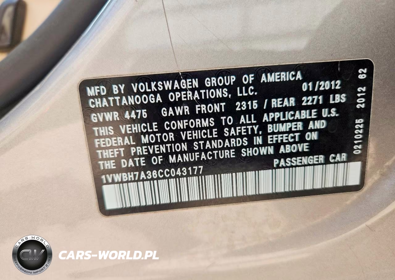 2012 Volkswagen Passat Se VIN:1VWBH7A36CC043177 - 12
