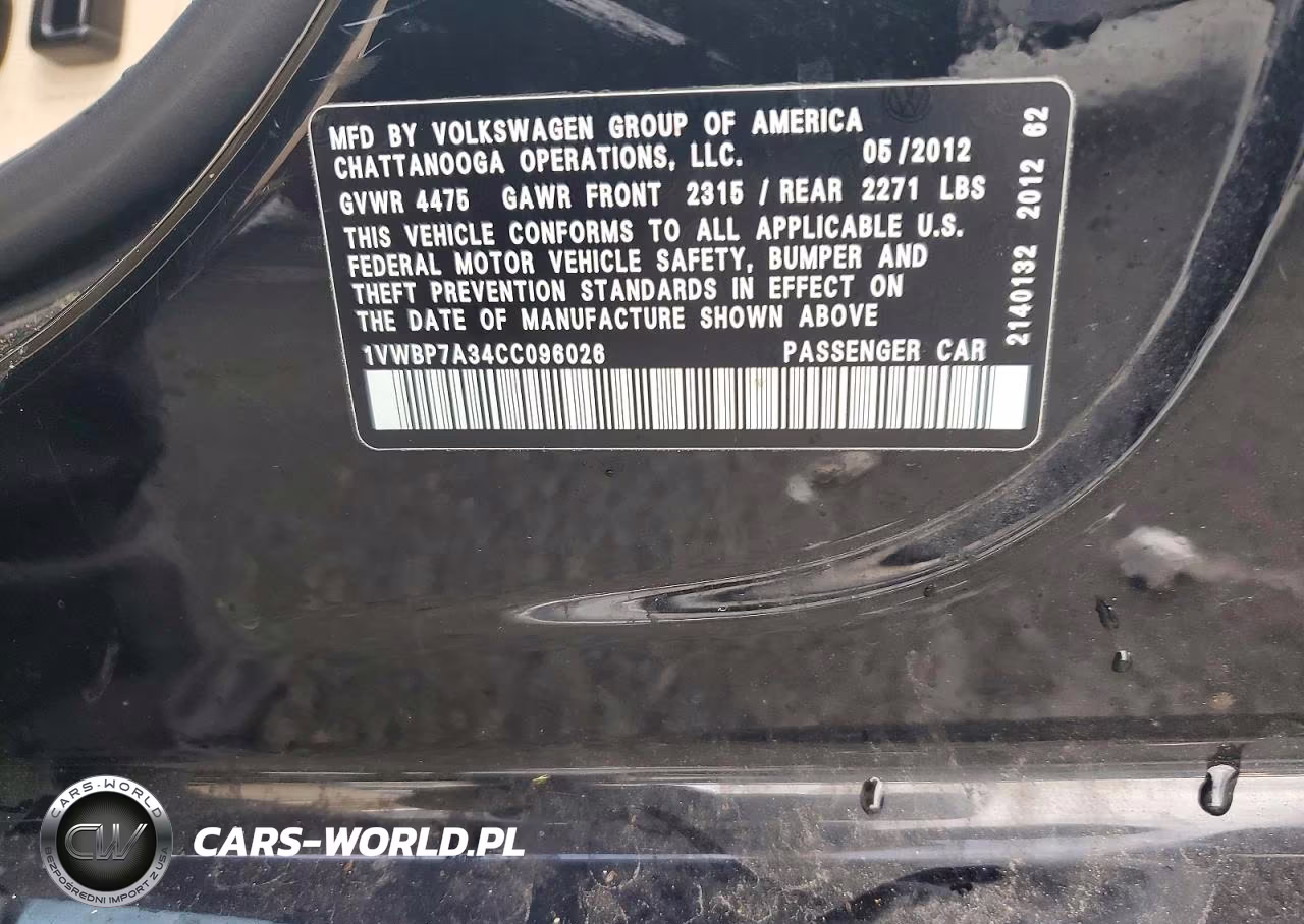 2012 Volkswagen Passat Se VIN:1VWBP7A34CC096026 - 12