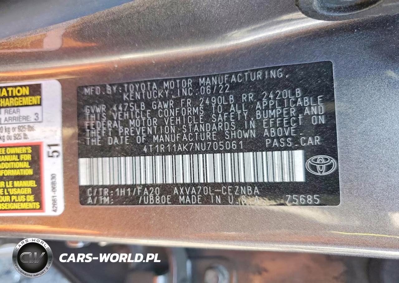 2022 Toyota Camry Le VIN:4T1R11AK7NU705061 - 12