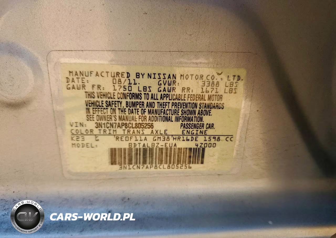 2012 Nissan Versa 1.6 S VIN:3N1CN7AP8CL805256 - 12