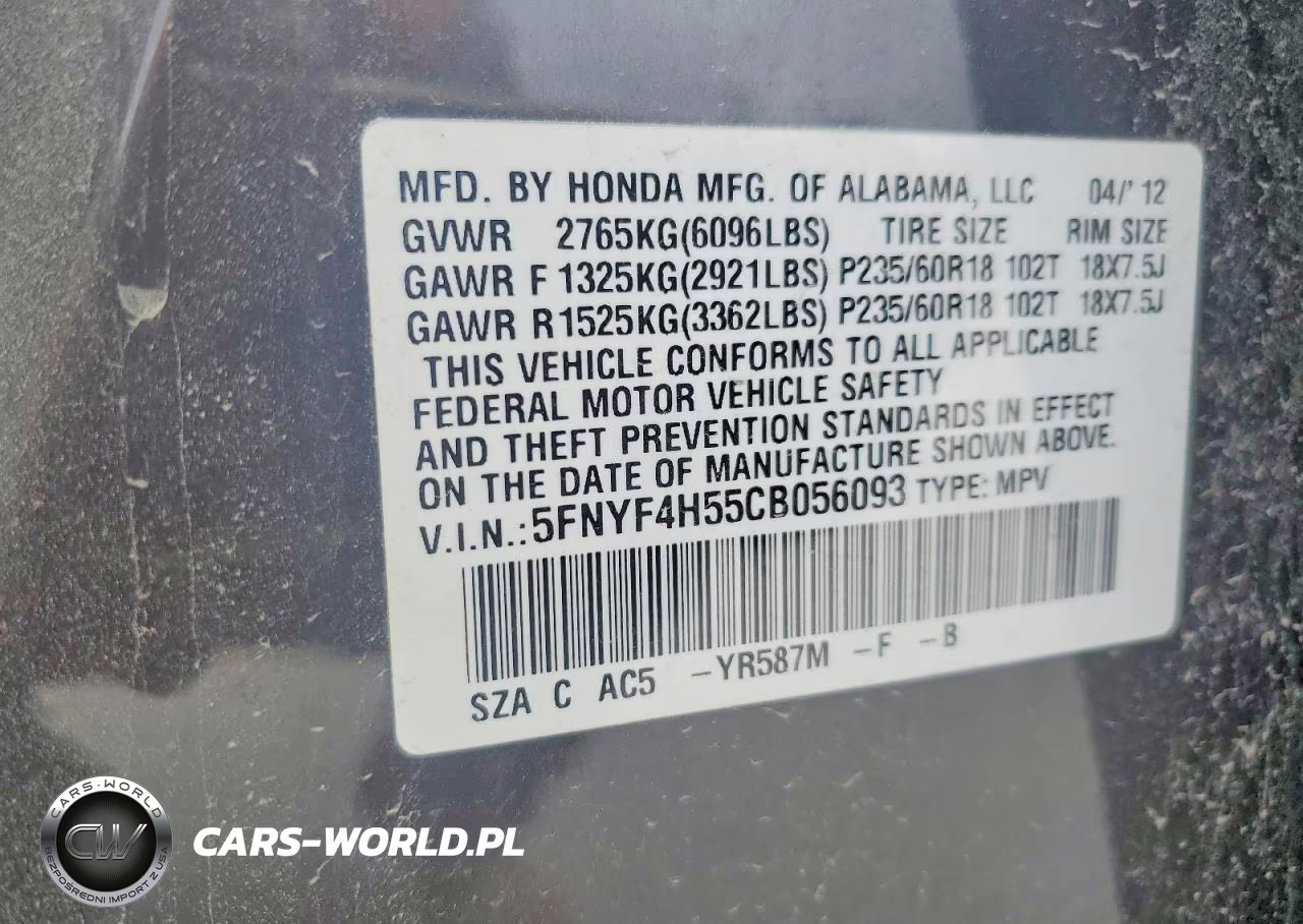 2012 Honda Pilot Ex-L VIN:5FNYF4H55CB056093 - 13