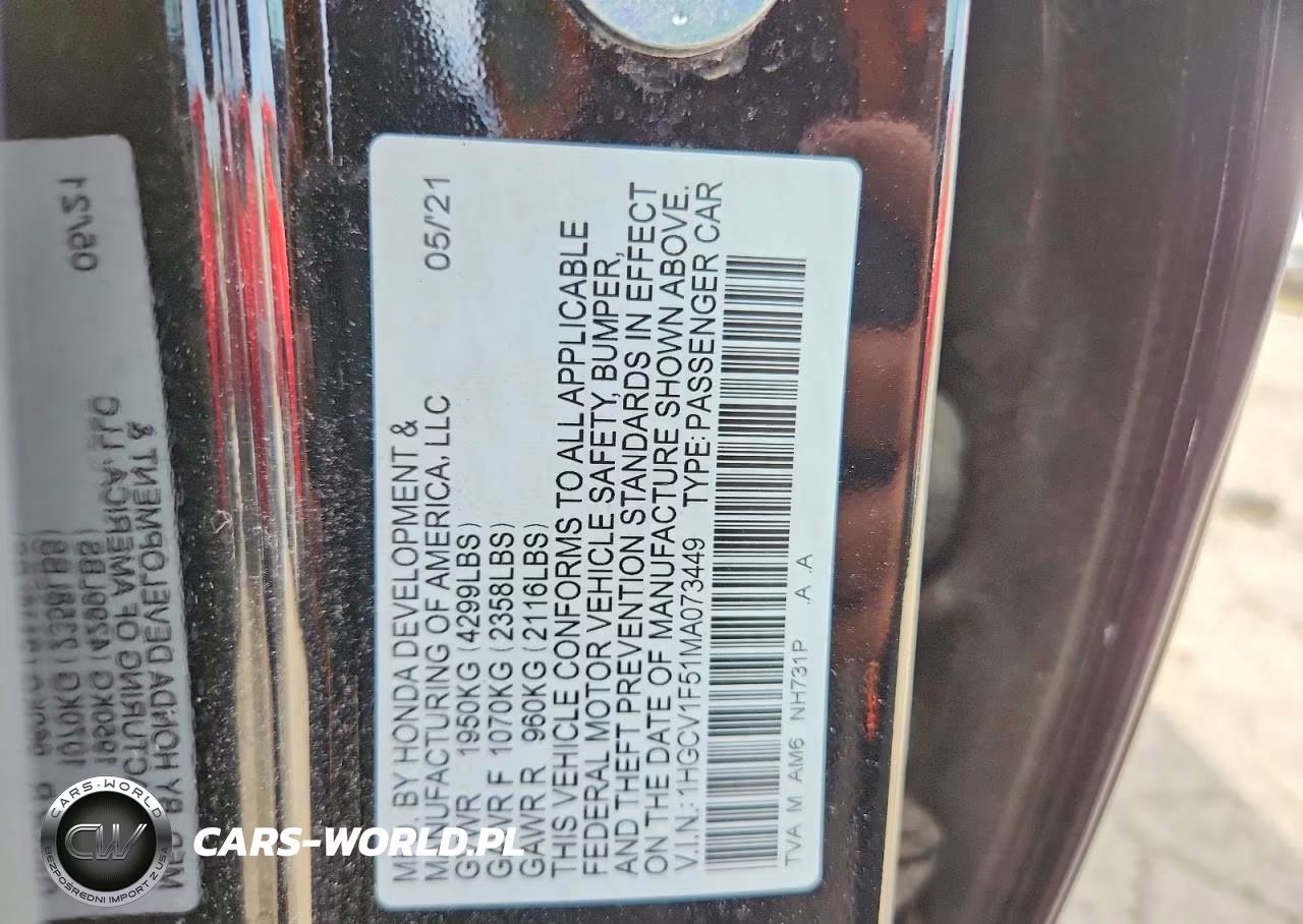 2021 Honda Accord Exl VIN:1HGCV1F51MA073449 - 12