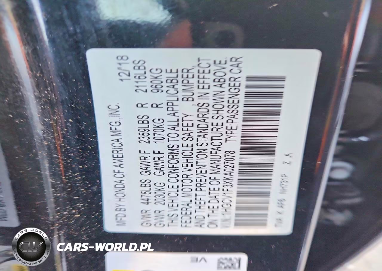2019 Honda Accord Sport VIN:1HGCV1F3XKA027078 - 12