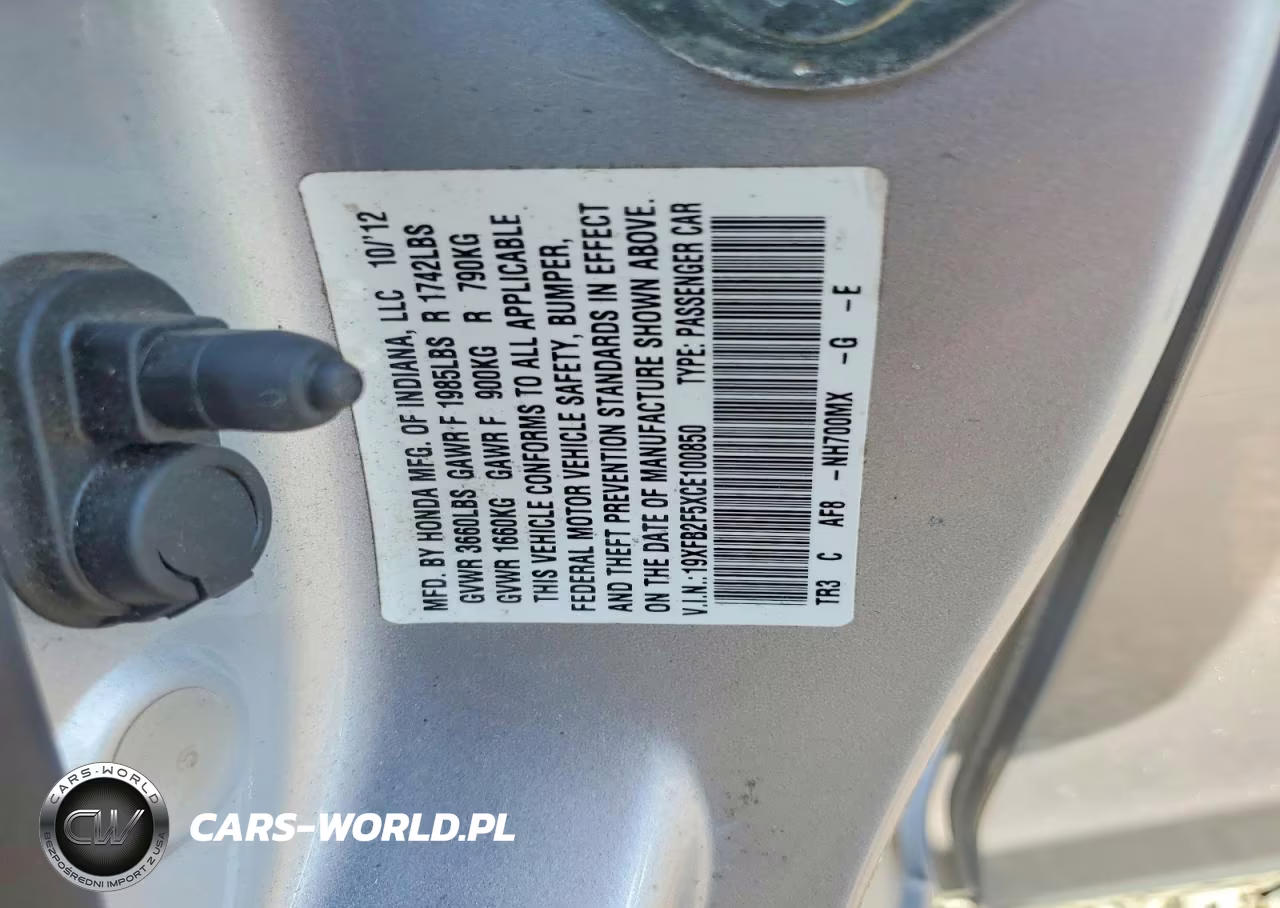 2012 Honda Civic Sedan Automati VIN:19XFB2F5XCE100850 - 12