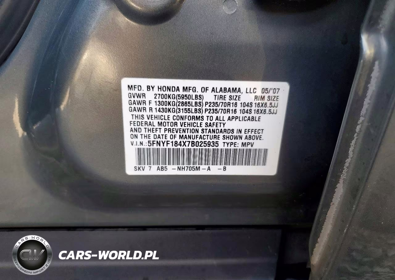 2007 Honda Pilot Ex VIN:5FNYF184X7B025935 - 13