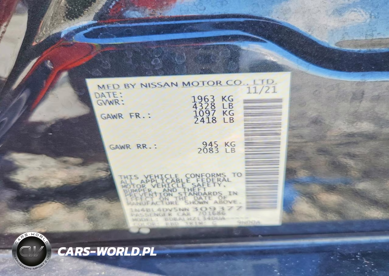 2022 Nissan Altima Sv VIN:1N4BL4DV5NN309377 - 12