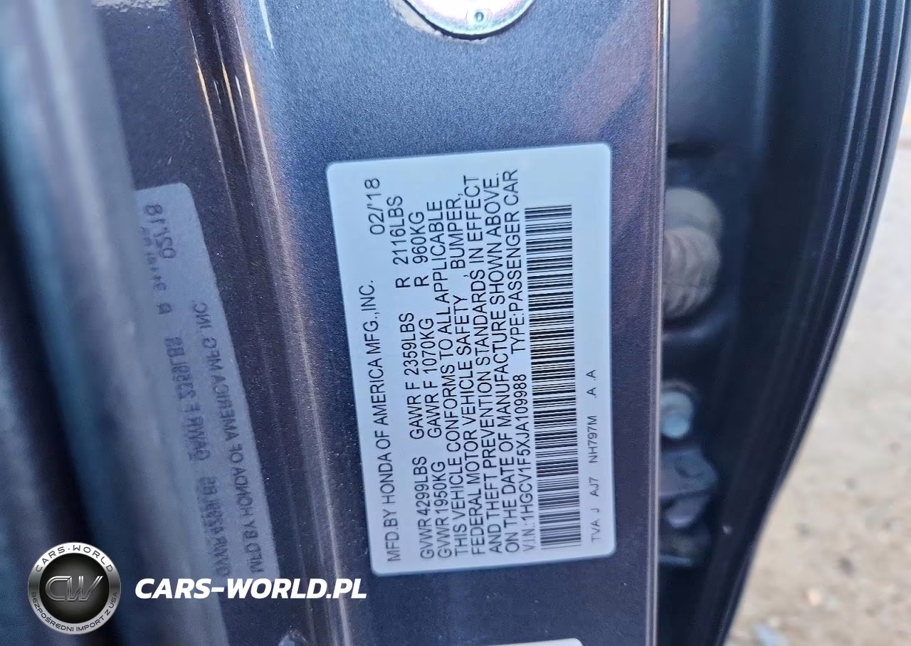 2018 Honda Accord Exl VIN:1HGCV1F5XJA109988 - 13