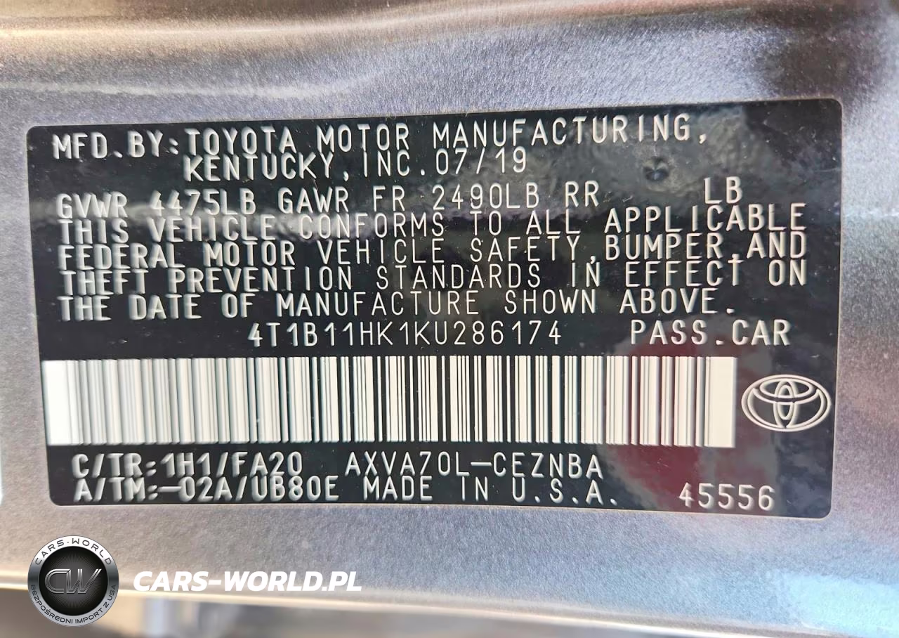2019 Toyota Camry Le VIN:4T1B11HK1KU286174 - 12