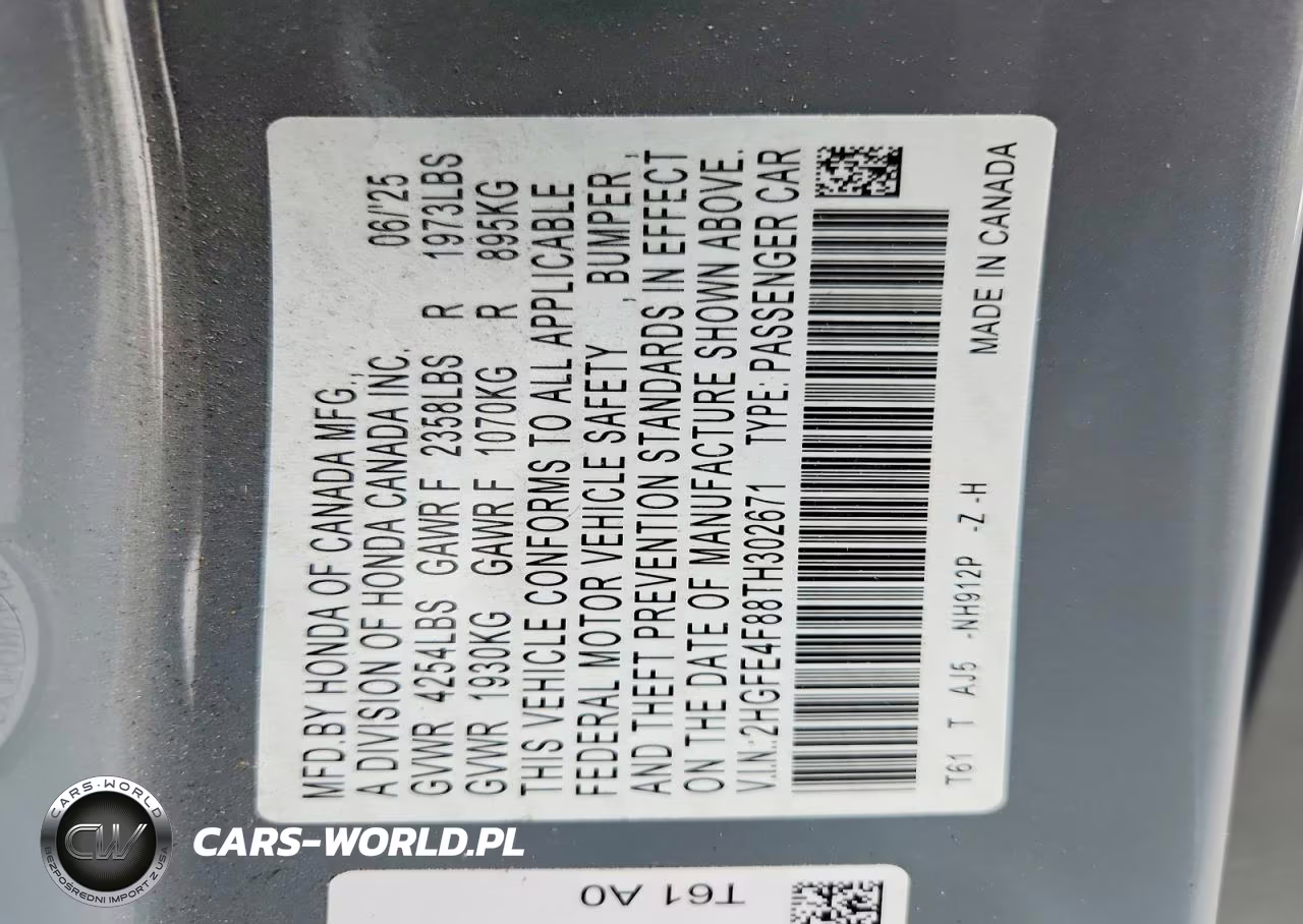 2026 Honda Civic Sport VIN:2HGFE4F88TH302671 - 12