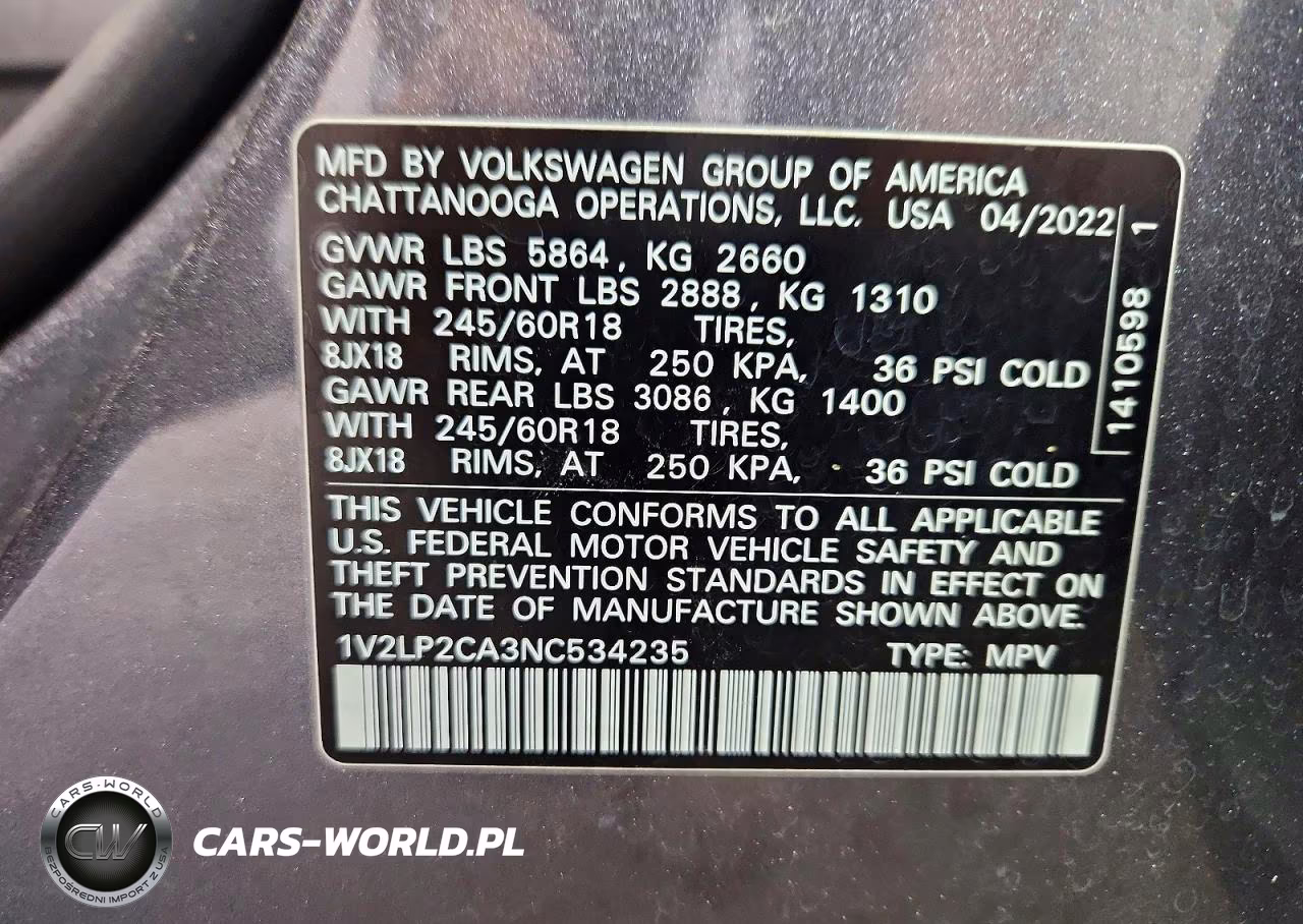 2022 Volkswagen Atlas Se VIN:1V2LP2CA3NC534235 - 13