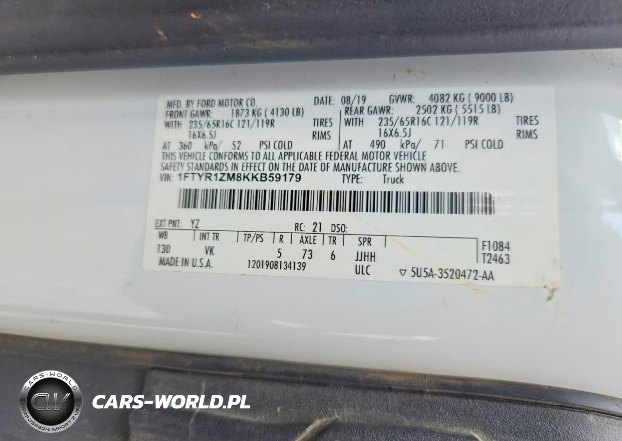 2019 Ford Transit T-250 VIN:1FTYR1ZM8KKB59179 - 12