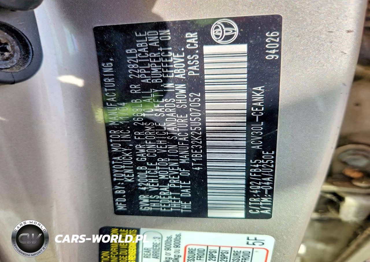 2005 Toyota Camry Le VIN:4T1BE32K25U507052 - 12