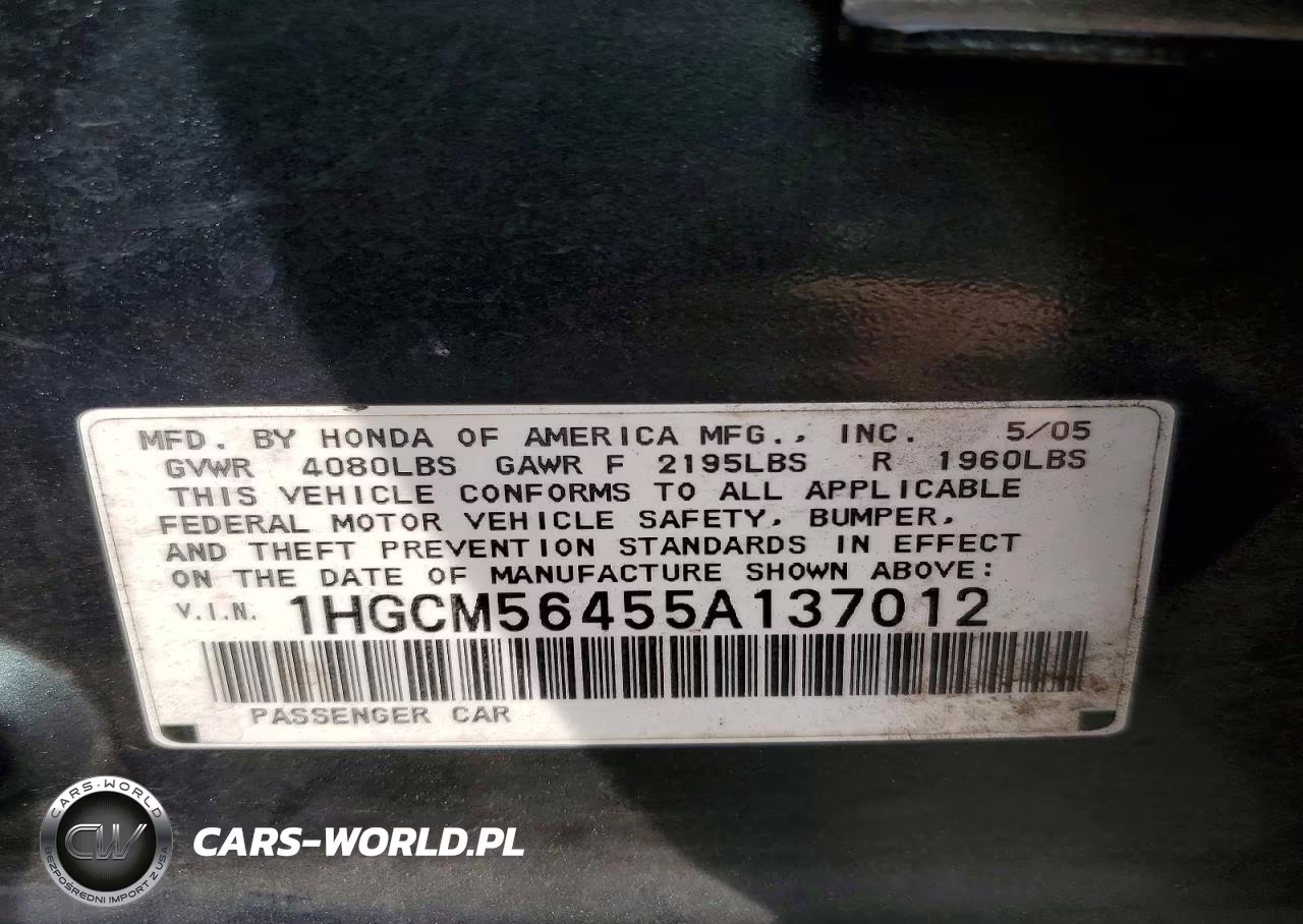 2005 Honda Accord Lx VIN:1HGCM56455A137012 - 12