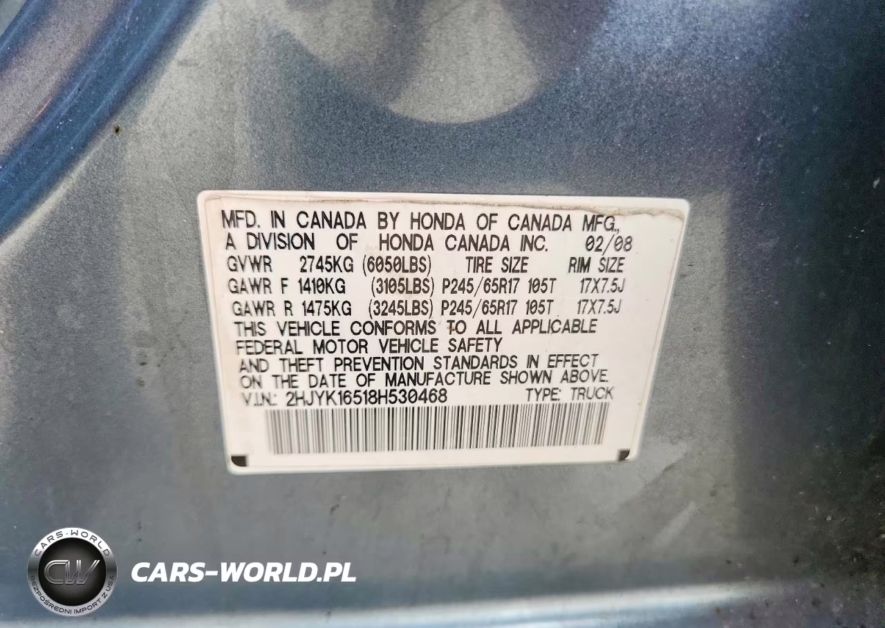 2008 Honda Ridgeline Rtl VIN:2HJYK16518H530468 - 12