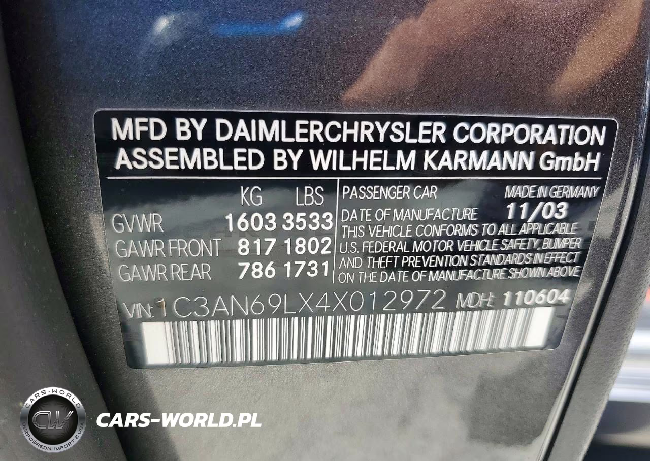 2004 Chrysler Crossfire Limited VIN:1C3AN69LX4X012972 - 12
