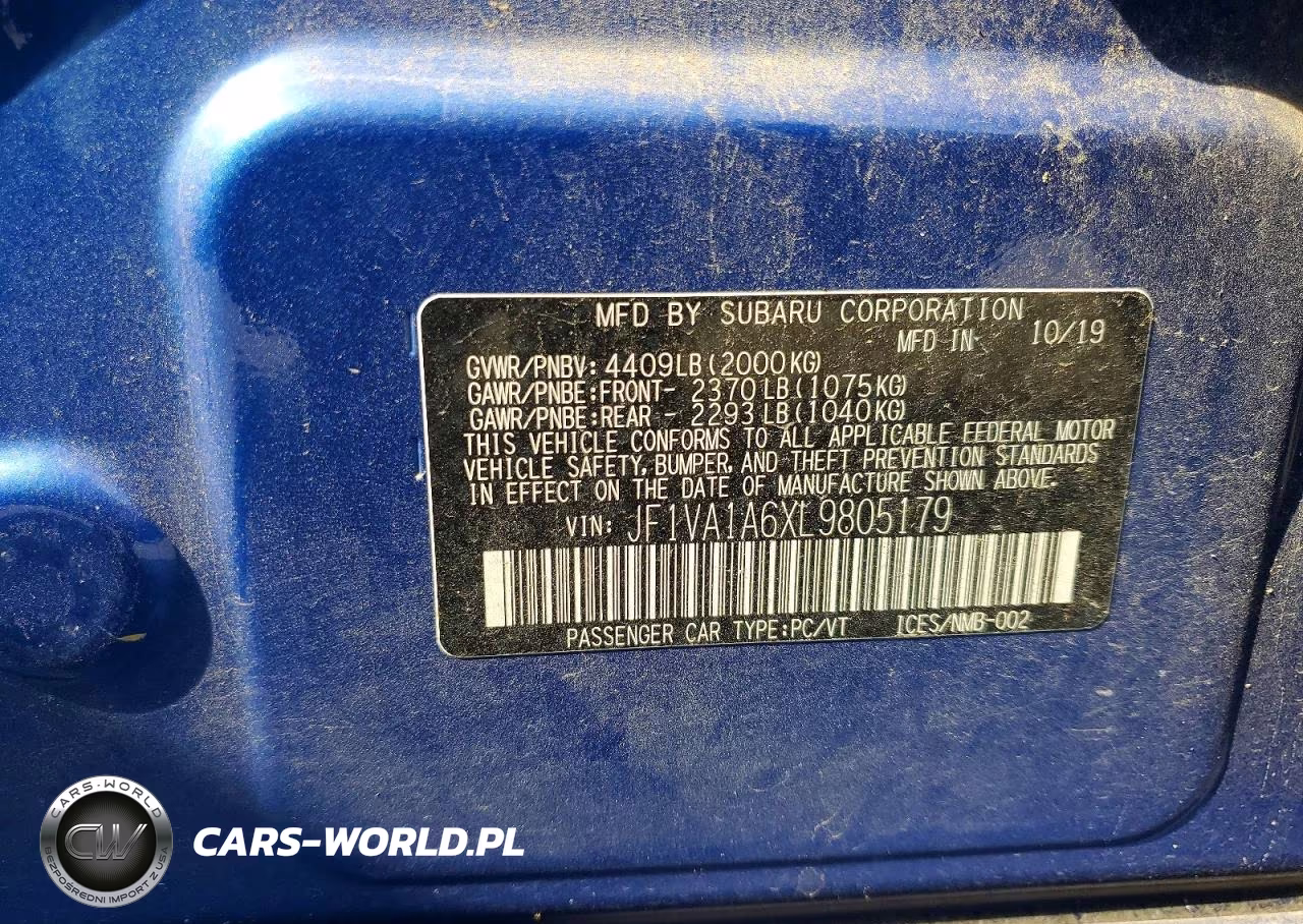 2020 Subaru Wrx VIN:JF1VA1A6XL9805179 - 13