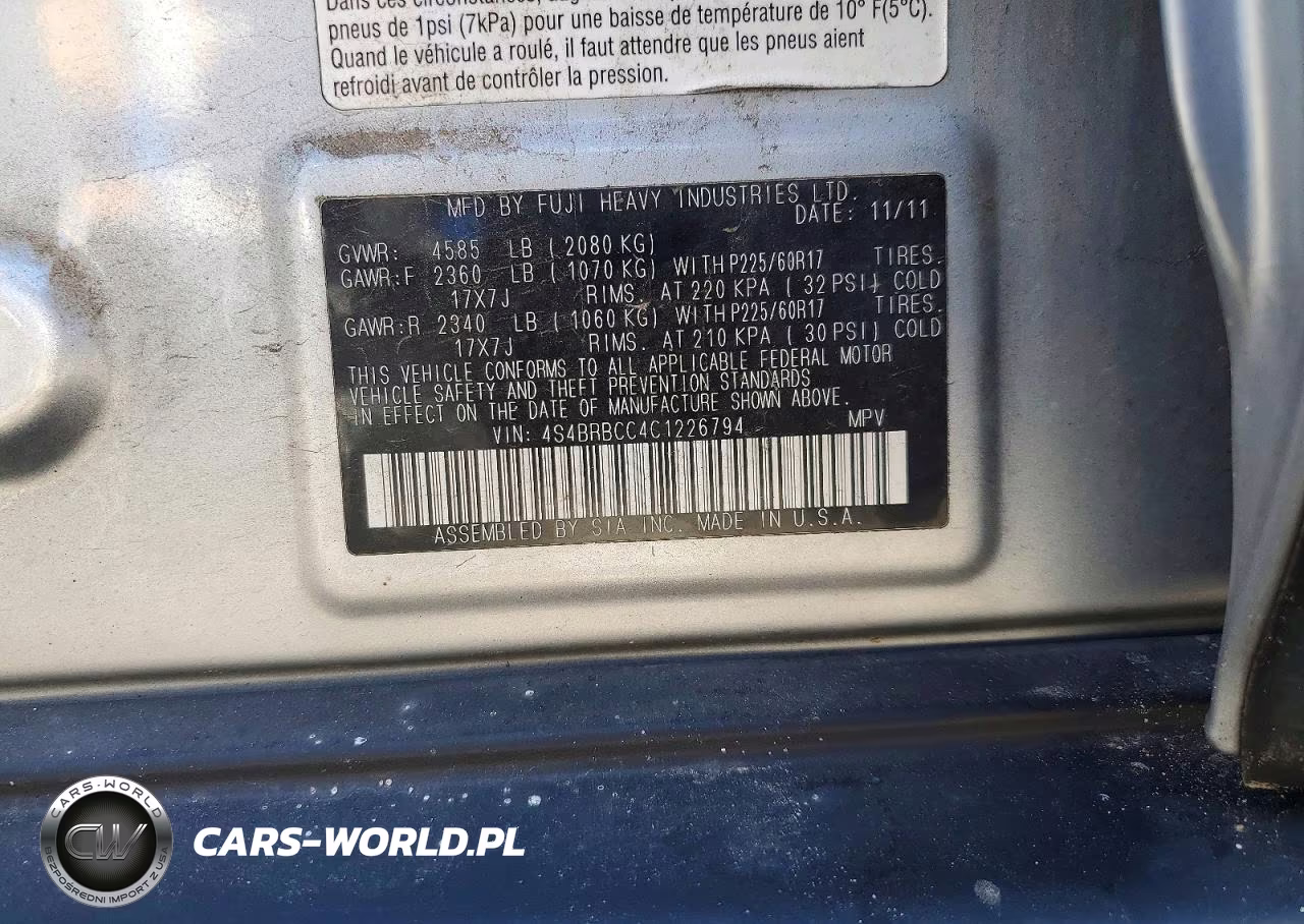 2012 Subaru Outback 2.5I Premium VIN:4S4BRBCC4C1226794 - 12