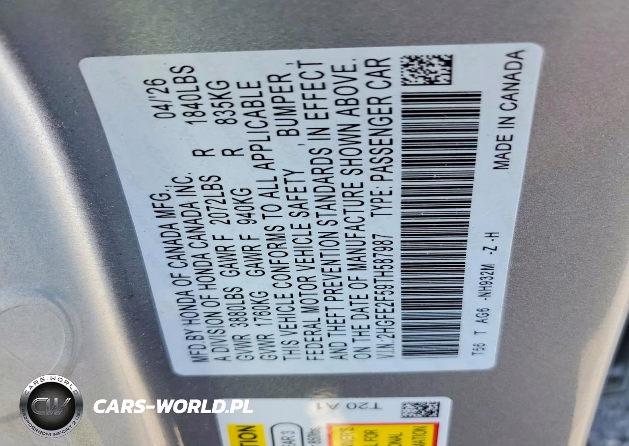 2026 Honda Civic Sport VIN:2HGFE2F59TH587987 - 12