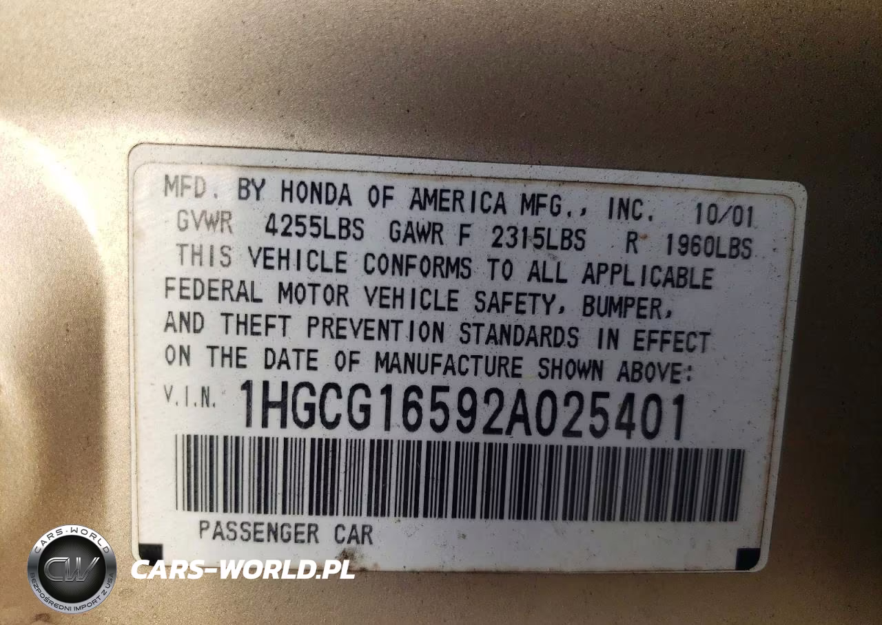 2002 Honda Accord Ex VIN:1HGCG16592A025401 - 12