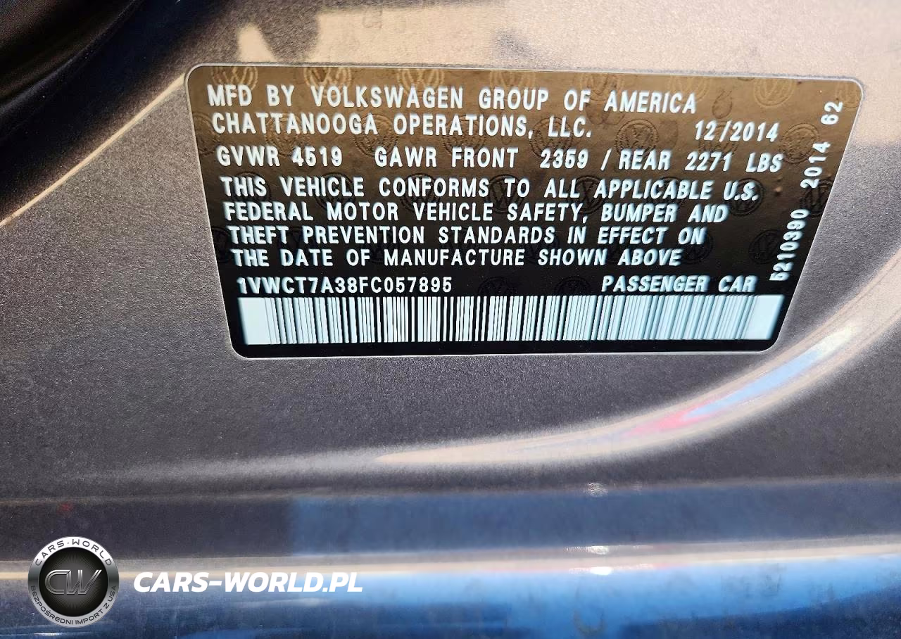 2015 Volkswagen Passat Sel VIN:1VWCT7A38FC057895 - 12