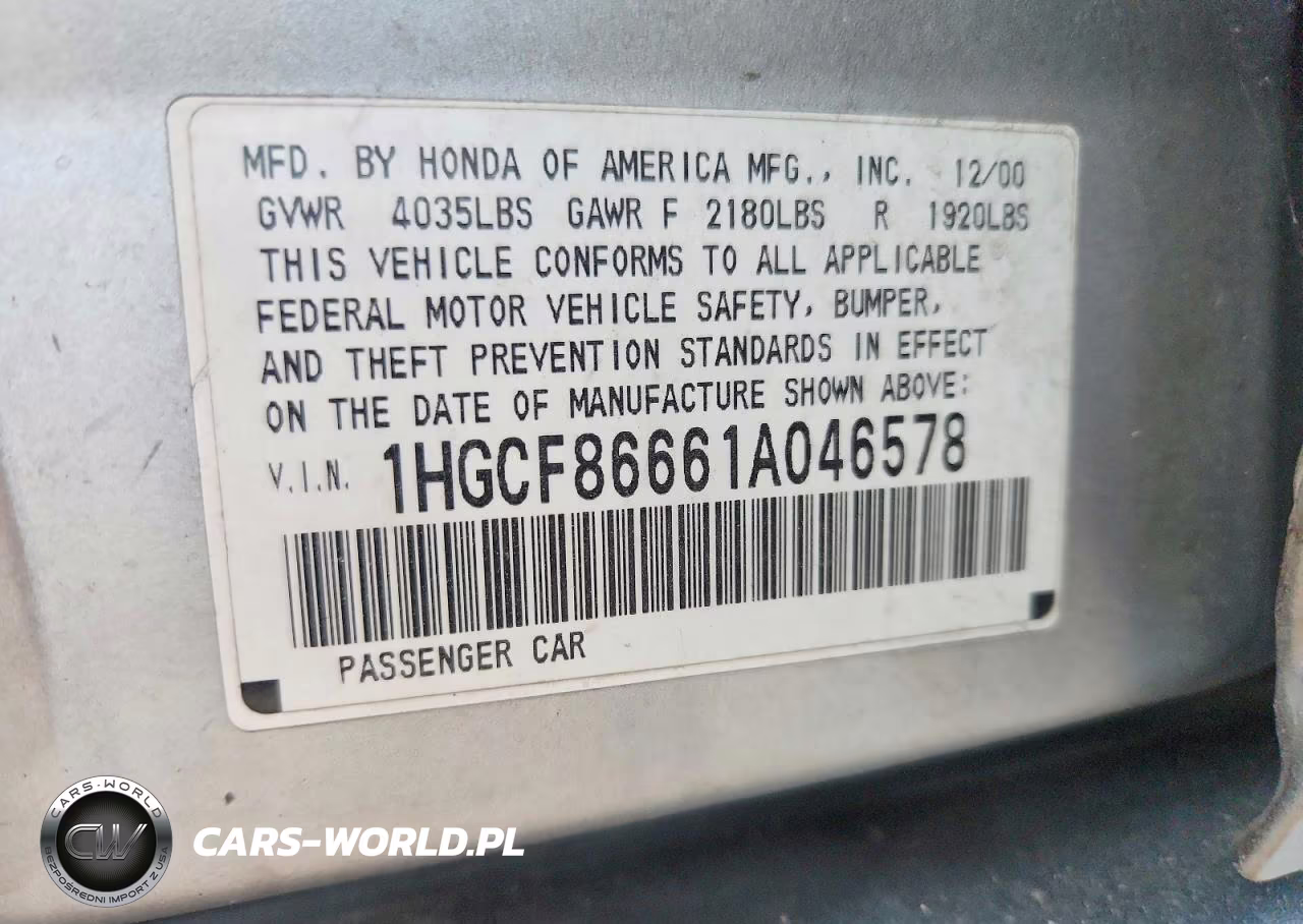 2001 Honda Accord Value VIN:1HGCF86661A046578 - 12