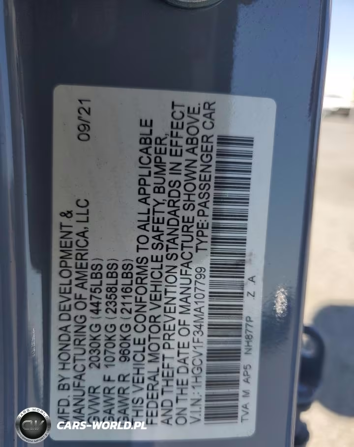 2021 Honda Accord Sport VIN:1HGCV1F34MA107799 - 12