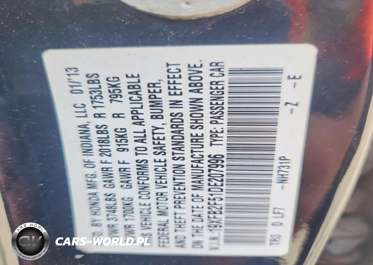 2013 Honda Civic Lx VIN:19XFB2F51DE207996 - 12