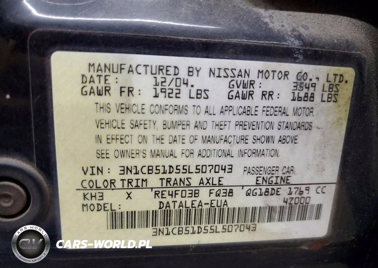 2005 Nissan Sentra 1.8 VIN:3N1CB51D55L507043 - 12