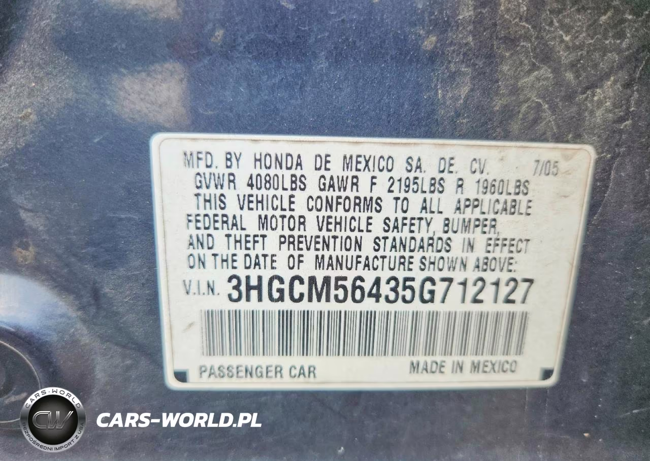 2005 Honda Accord Lx VIN:3HGCM56435G712127 - 12