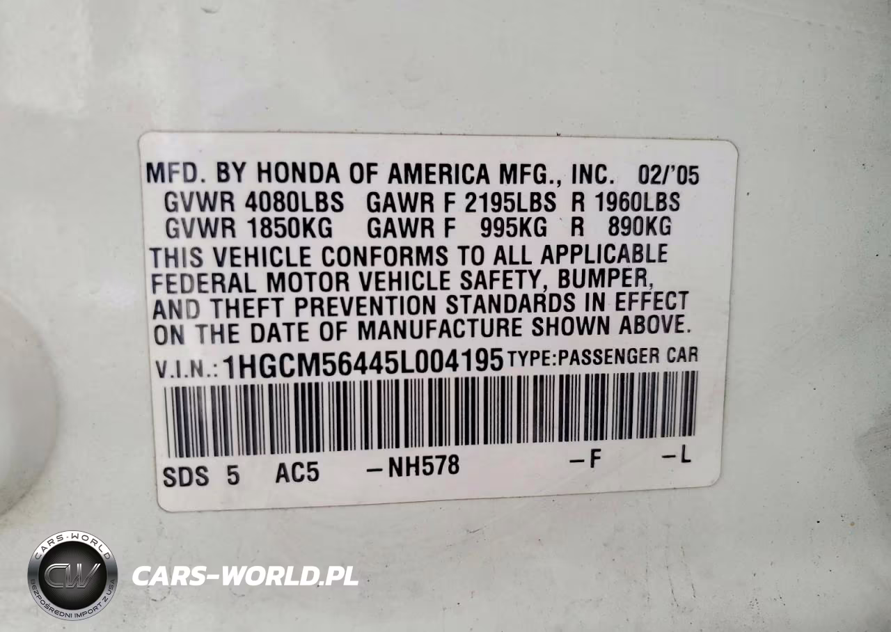 2005 Honda Accord Lx VIN:1HGCM56445L004195 - 13