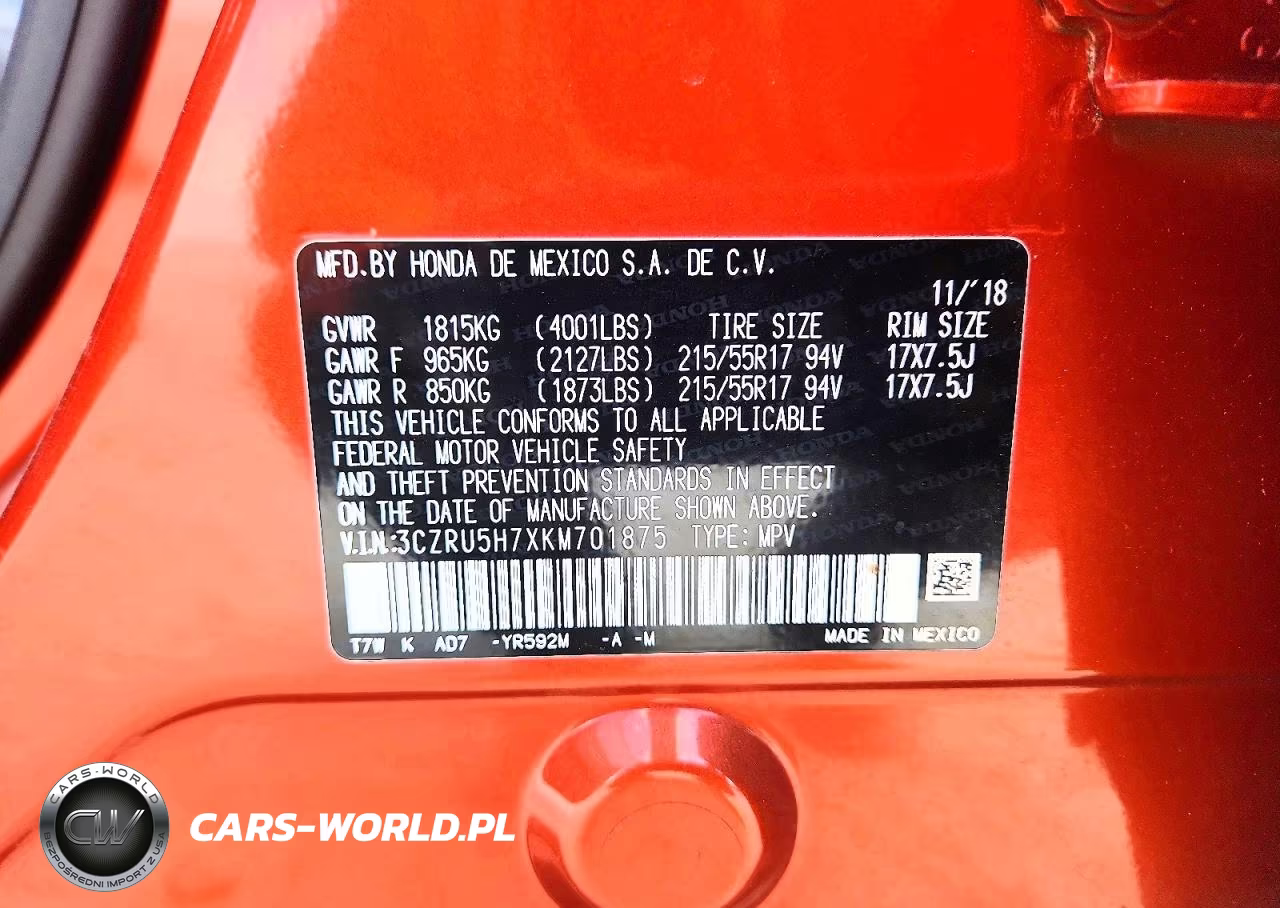 2019 Honda Hr-V Exl VIN:3CZRU5H7XKM701875 - 12