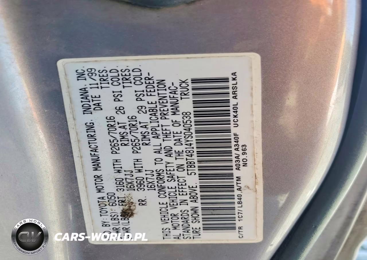 2000 Toyota Tundra Access Cab Limited VIN:5TBBT4814YS040538 - 12