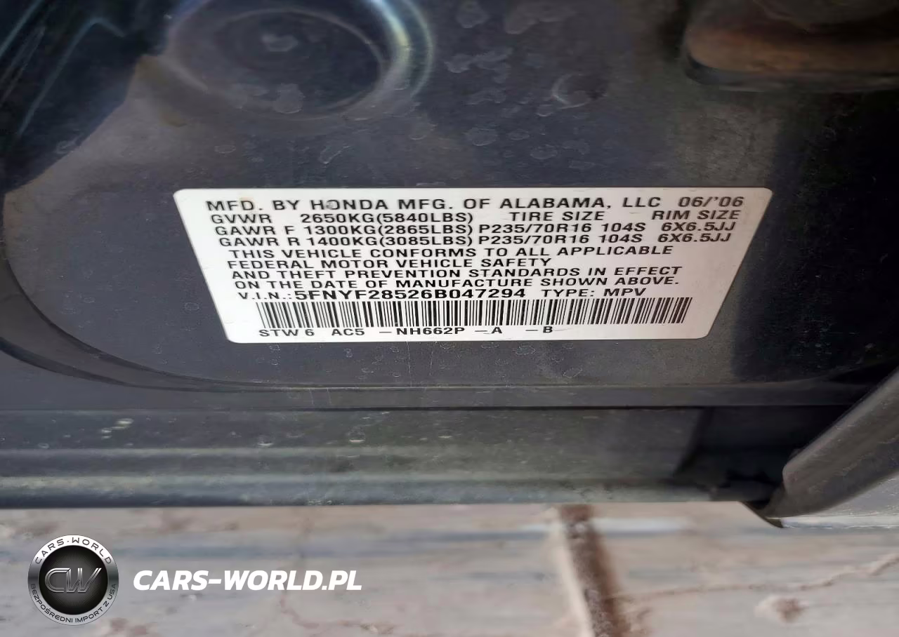 2006 Honda Pilot Ex VIN:5FNYF28526B047294 - 12