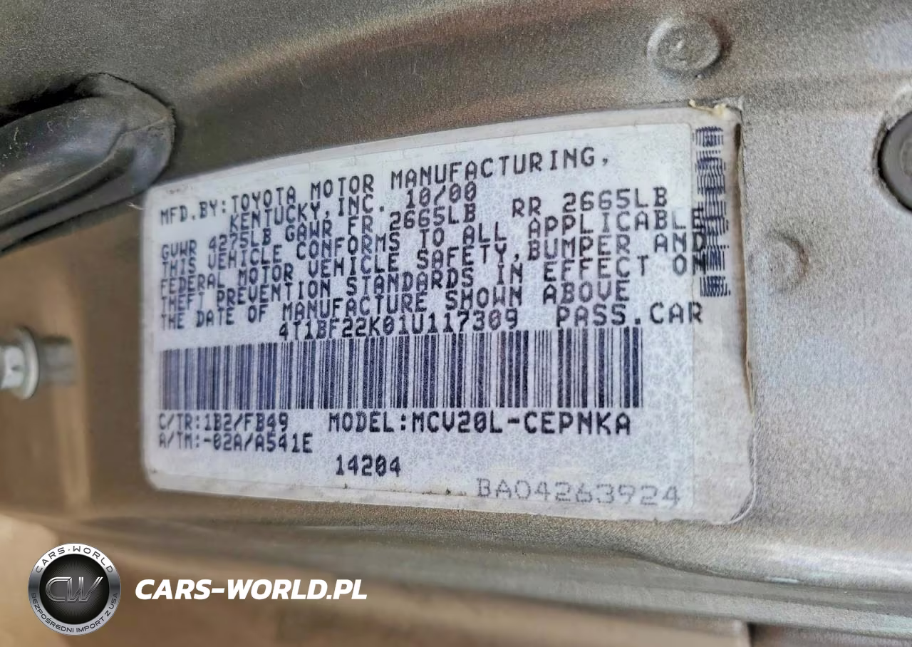 2001 Toyota Camry Le V6 VIN:4T1BF22K01U117309 - 12