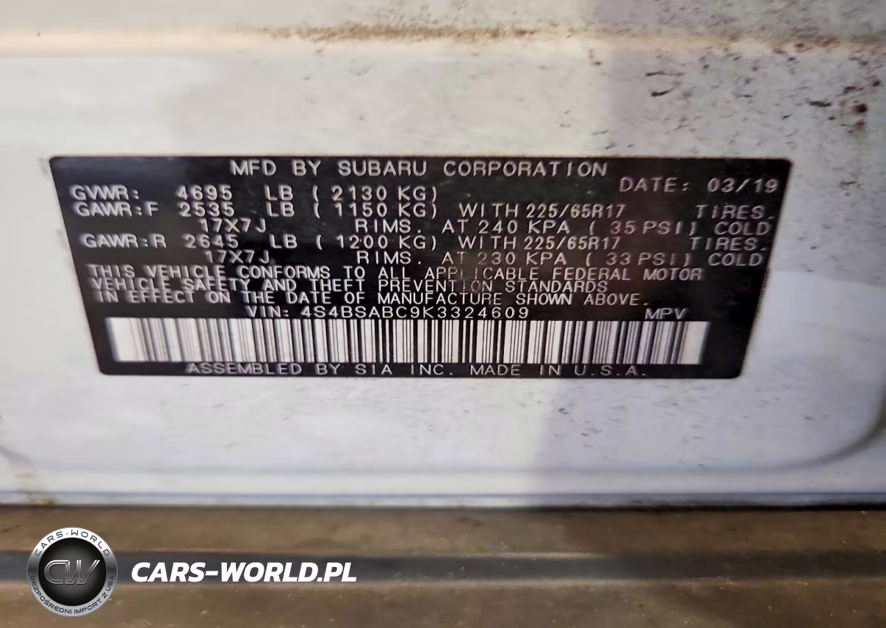 2019 Subaru Outback 2.5I VIN:4S4BSABC9K3324609 - 14